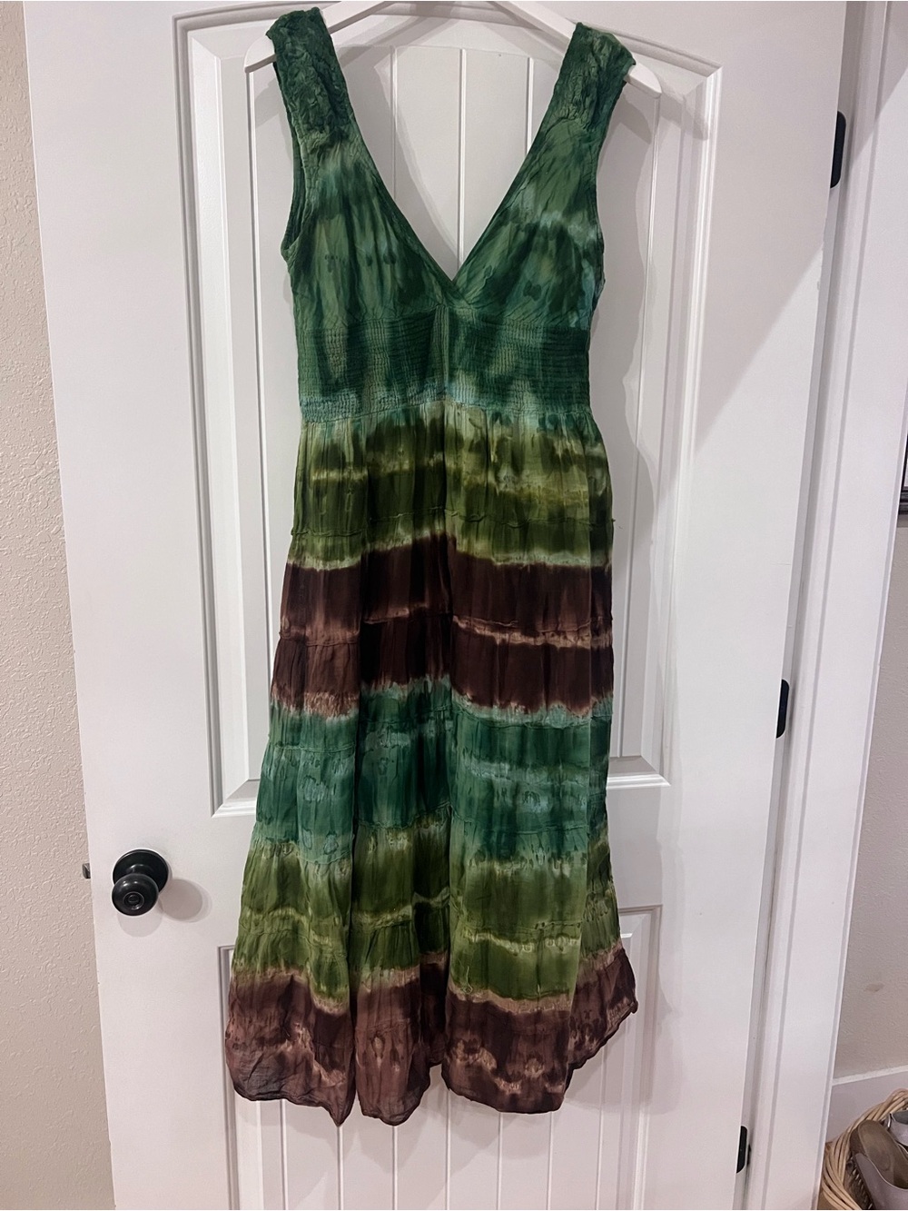 Ladies size small -  Bohemian  maxi dress / tiered tie-dye design- brown/green